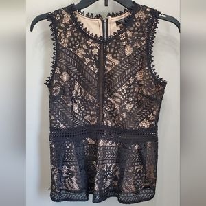 BLACK LACE SEMI SHEER SLEEVELESS PEPLUM TOP WITH BACK ZIPPER